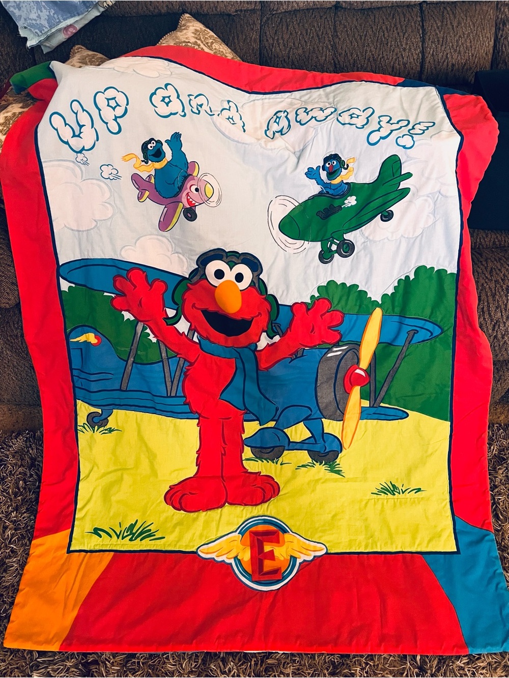 Vintage Elmo Airplane crib quilt  - Bright Red, Yellow, Blue
